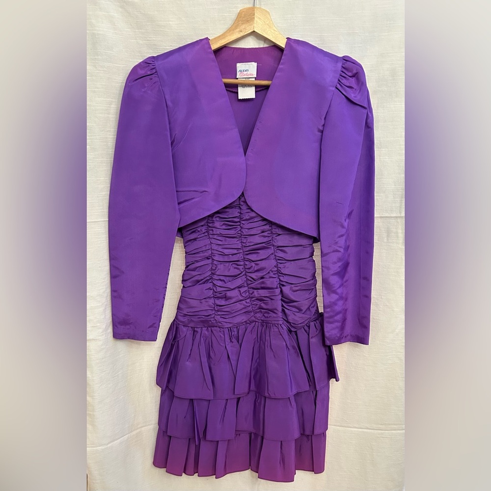Vintage 1980's Purple Ombre‎ Ruched Dress with Bow and Bolero Jacket